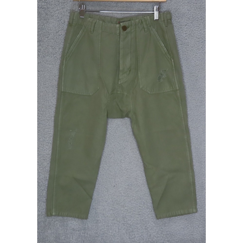 Etienne Marcel Drop Crotch Utility Pants Olive Green Distressed Cropped 25 Lux - Picture 3 of 16